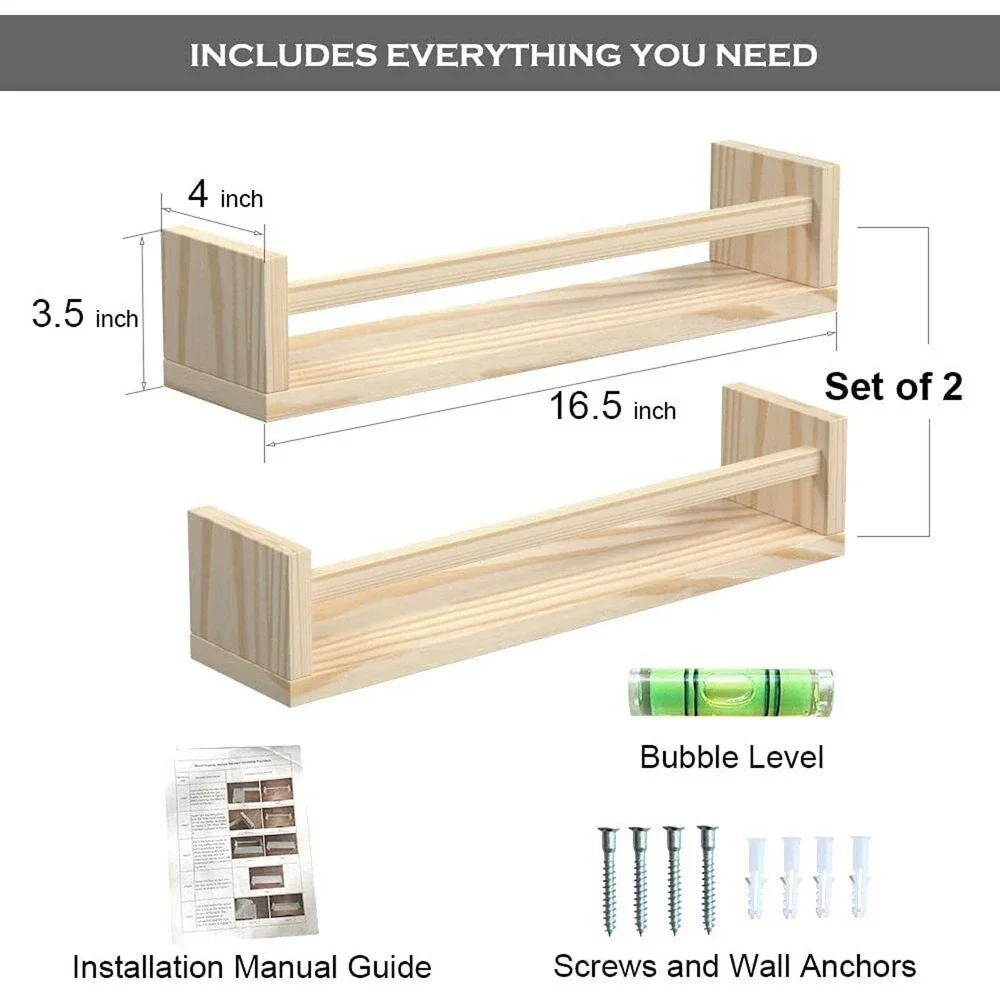 Nursery Shelves Set of 2 Natural Wood Floating Book Shelves for Kids Room 16.5x4